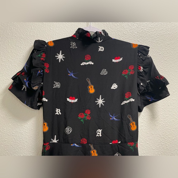 Sandro Wendy Tattoo Print Dress Silk Ruffle Trim Aline Side Zipper Size 2 $495 - Picture 9 of 11